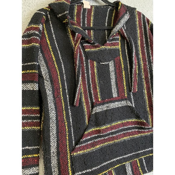 Baja Hoodie Pullover Mens Large Striped Mexican Drug Rug Sweater Hippie Festival - Picture 2 of 13